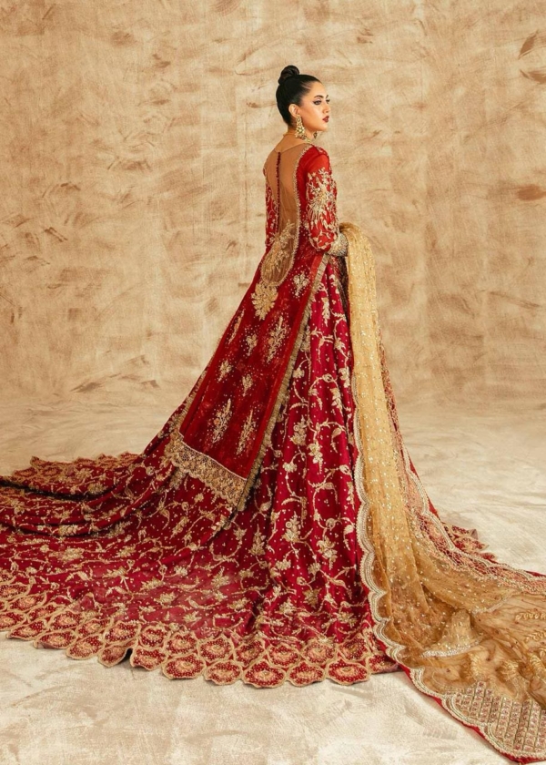 Red And Antique Gold Combination Lehenga Pakistani Bridal Outfit - Image 3