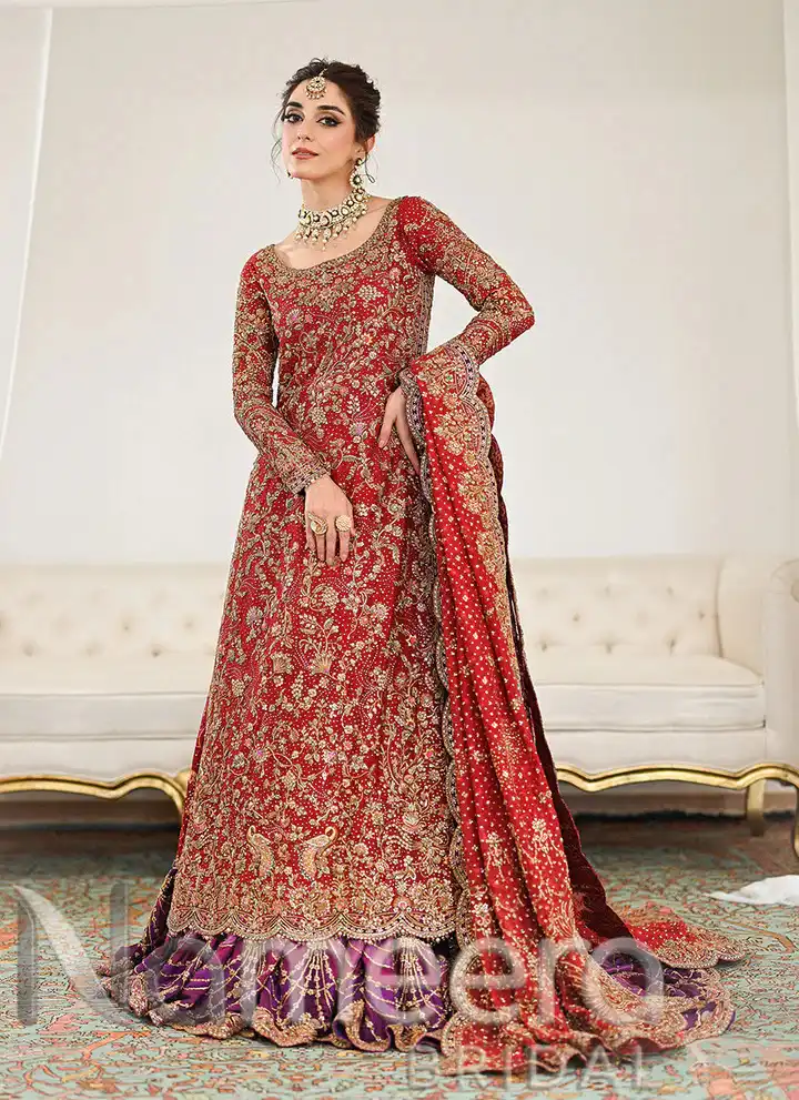 Pakistani Bridal Scarlett Red Shirt Lehenga Wedding Outfit