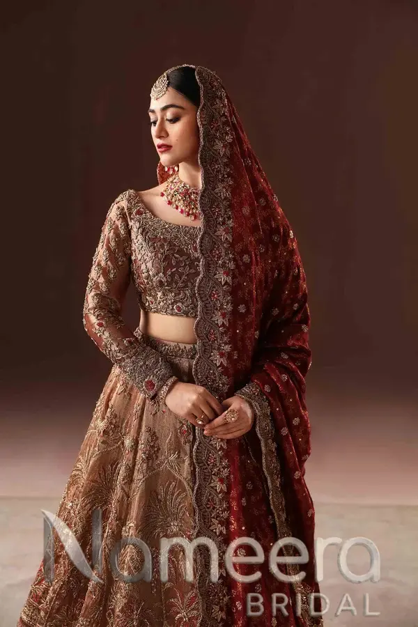 Latest Pakistani Bridal Rust Gold Lehenga Choli