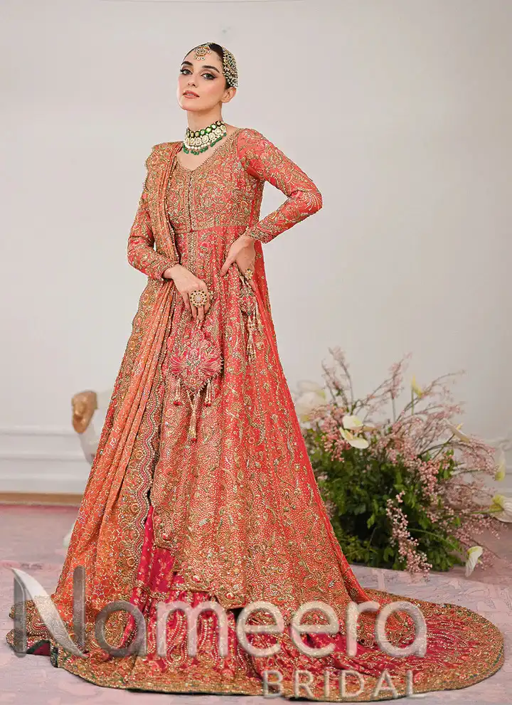 Pakistani Coral Color Kalidaar Farshi Lehenga