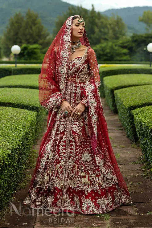 Pakistani Bridal Lehenga Shirt in Red