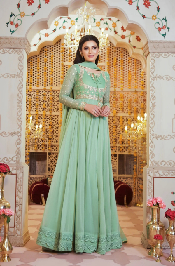 Pakistani Party Embroidered Pistachio Frock Dress - Image 5