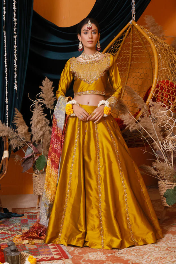 Pakistani Silk Mustard Lehenga Choli Outfit