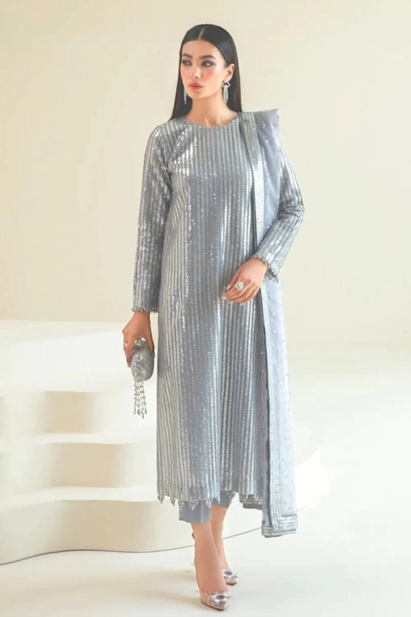 Sequins embroidered net shirt and dupatta with grip silk trousers