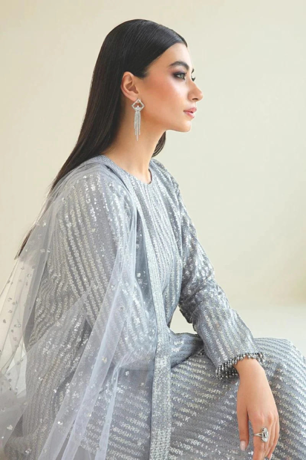 Sequins embroidered net shirt and dupatta with grip silk trousers - Image 11