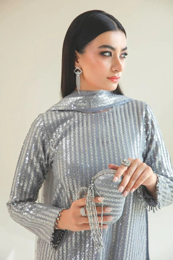 Sequins embroidered net shirt and dupatta with grip silk trousers - Image 10