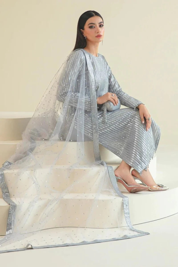 Sequins embroidered net shirt and dupatta with grip silk trousers - Image 8