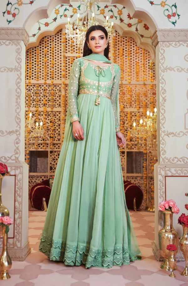 Pakistani Party Embroidered Pistachio Frock Dress