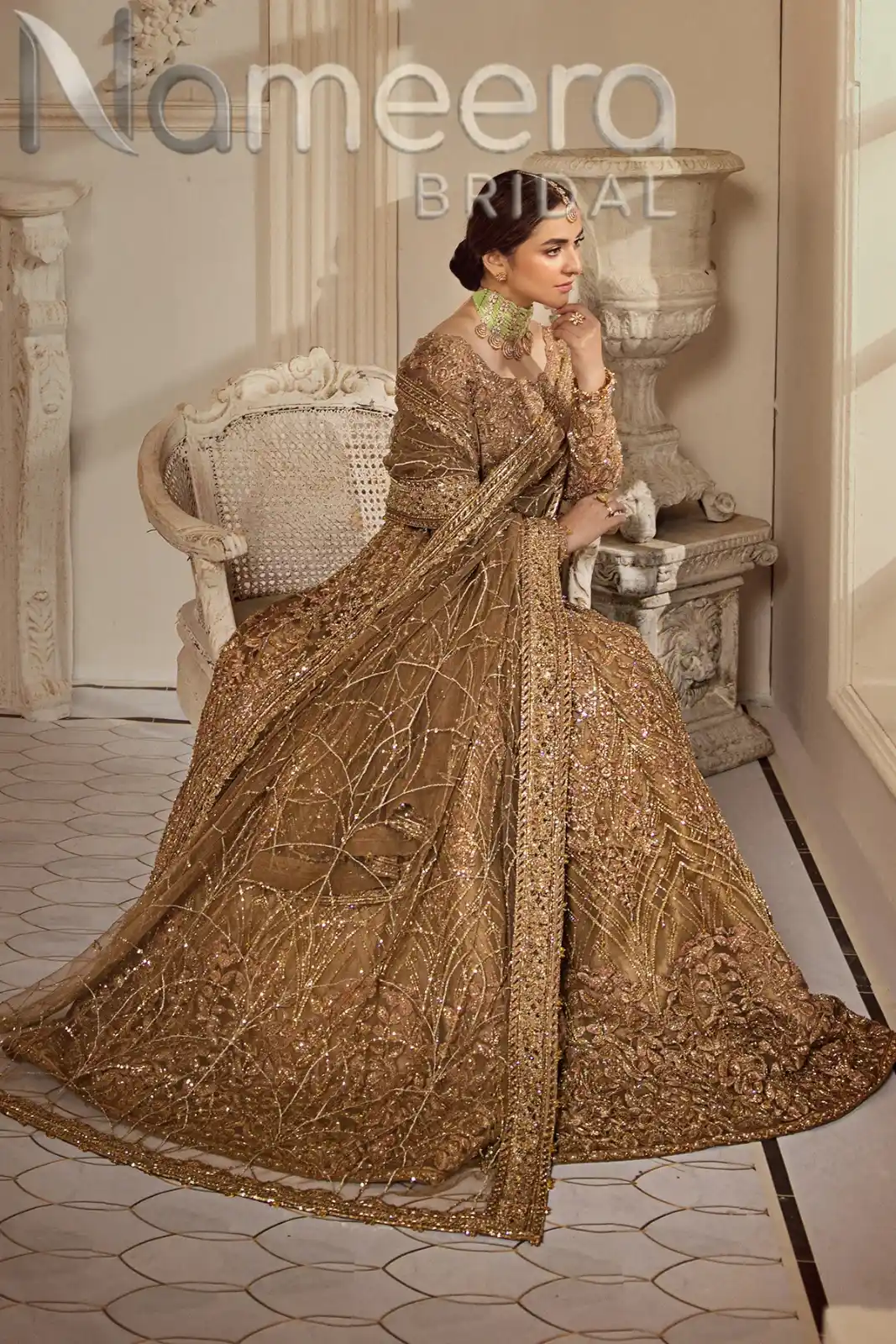 Pakistani Bridal Champagne Gold Lehenga Choli