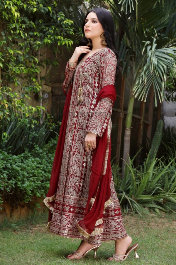 Deep Red Angrakha Pakistani Party Outfit - Image 3