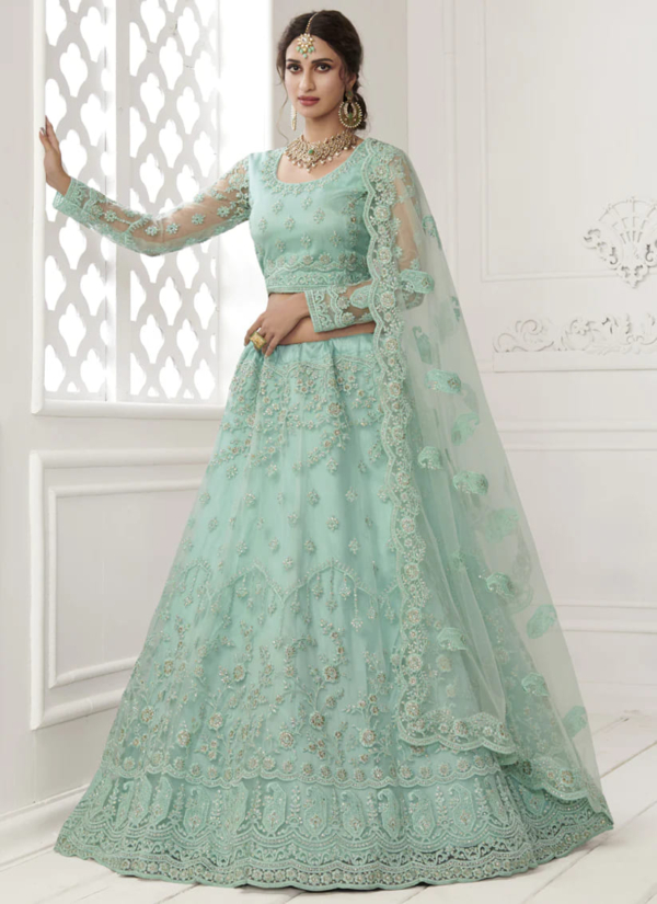 Pale Turquoise Blue Net Lehenga