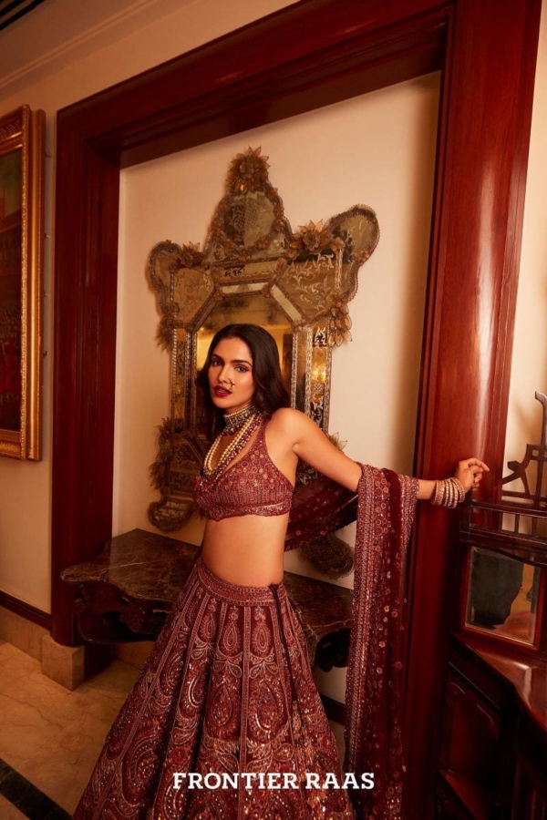 Indian Bridal Brick Red Organza Lehenga - Image 2