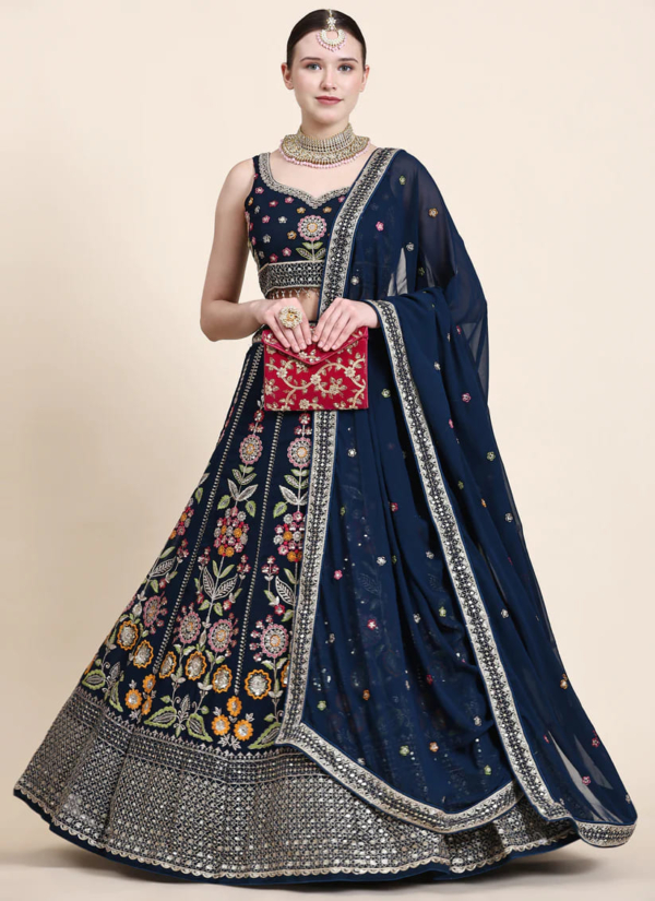 Prussian Blue Georgette Wedding Lehenga Choli - Image 4