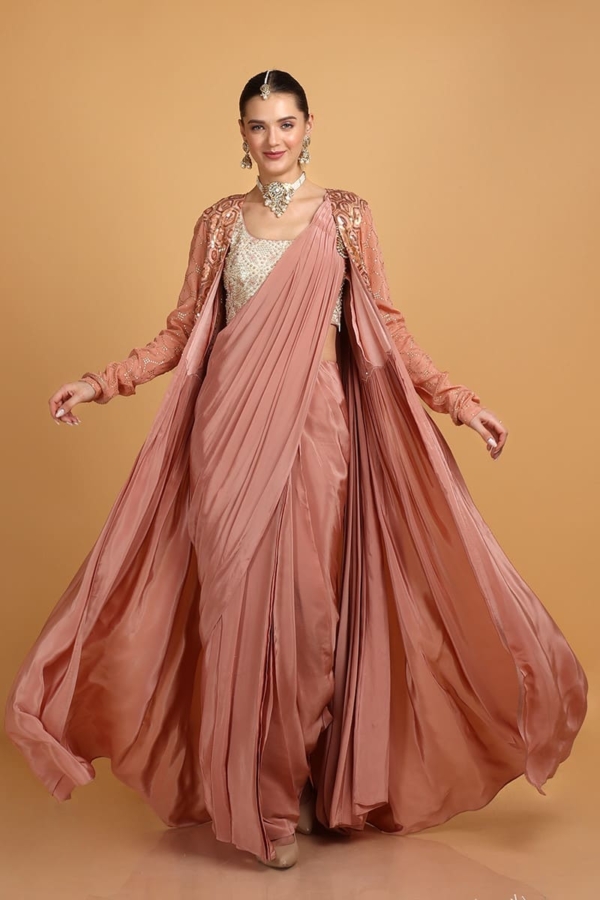 Elegant Wedding Dusty Peach Plain Saree