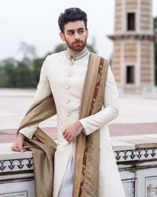 Pakistani Groom Dress In Sherwani Style With Wrap - Image 3