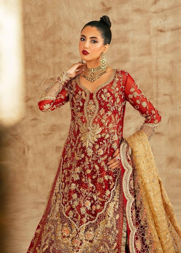 Red And Antique Gold Combination Lehenga Pakistani Bridal Outfit - Image 2