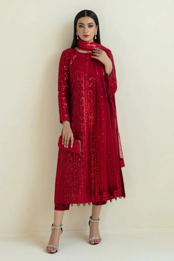 Sequins embroidered net shirt and dupatta with grip silk trousers.