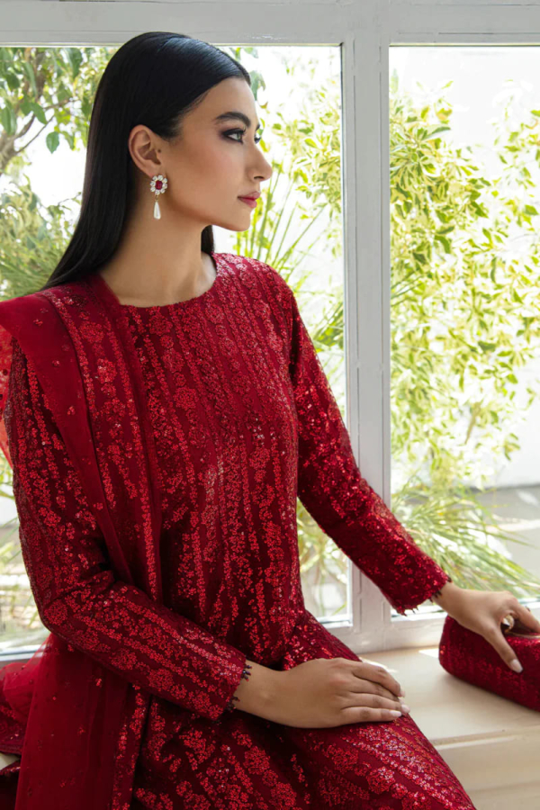 Sequins embroidered net shirt and dupatta with grip silk trousers. - Image 12