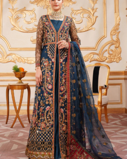 Blue Open Kameez With Crush Trouser