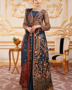 Blue Open Kameez With Crush Trouser