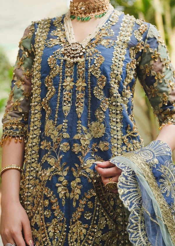 Bluish Grey Pakistani Wedding Kameez Sharara - Image 3