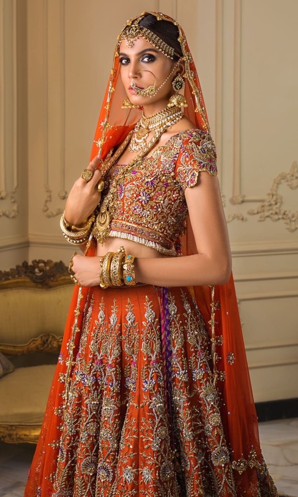 Classic Embroidered Rust Gold Lehenga Choli - Image 3