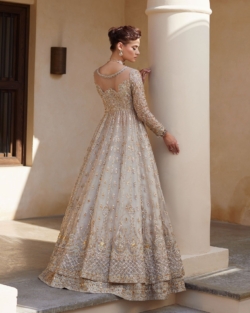 Elegant Pakistani Ivory Bridal Gown with Lehenga