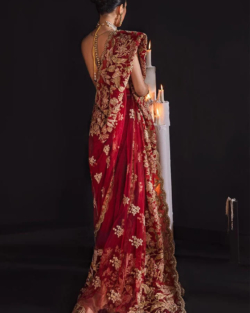 Adorned Red INDIAN Marriage Saree In Net Chiffon