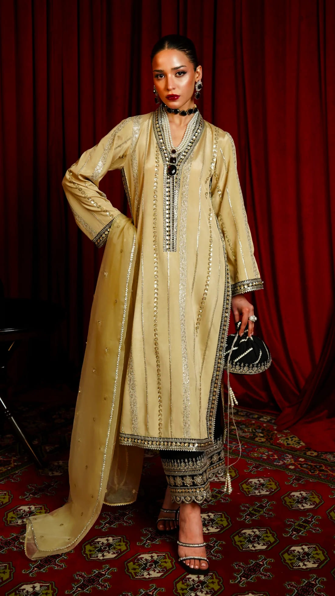 Pakistani Gold And Black Kameez Trouser