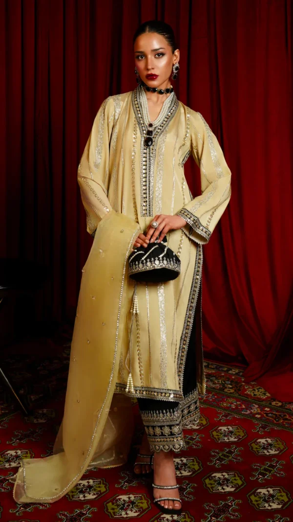 Pakistani Gold And Black Kameez Trouser - Image 2