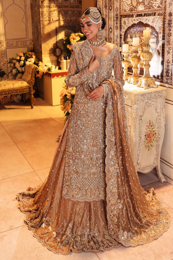 Pakistani Bridal Dress Gold Trail Lehenga - Image 4