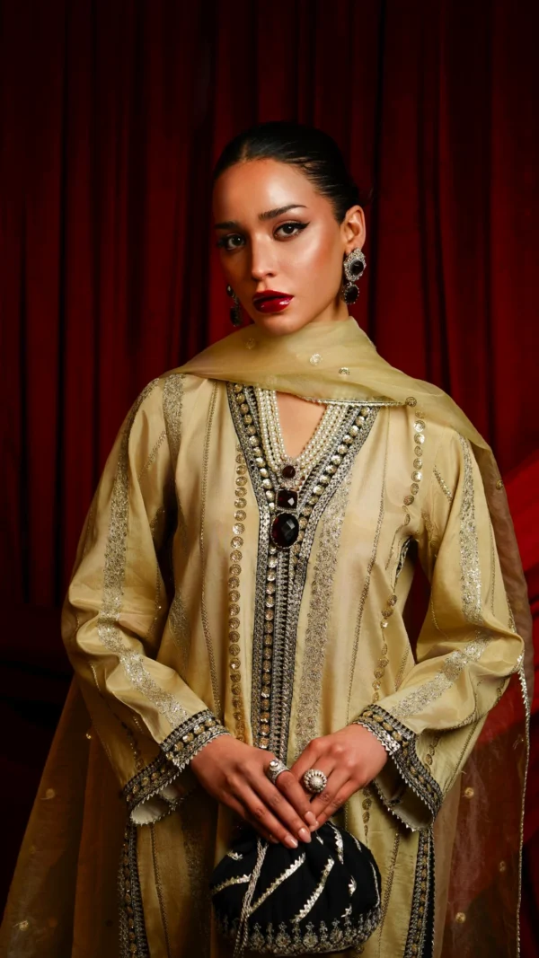 Pakistani Gold And Black Kameez Trouser - Image 4