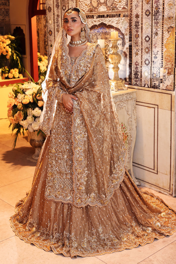 Pakistani Bridal Dress Gold Trail Lehenga - Image 2