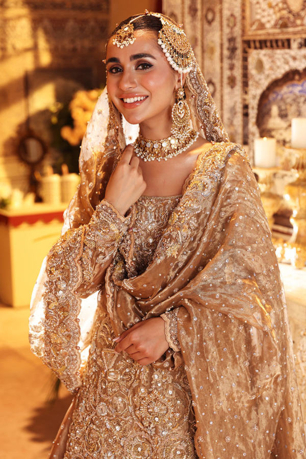 Pakistani Bridal Dress Gold Trail Lehenga - Image 3