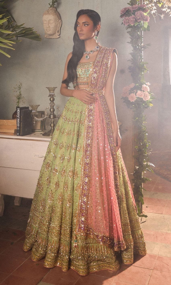 Green and Turquoise Choli Lehenga Indian Bridal Outfit