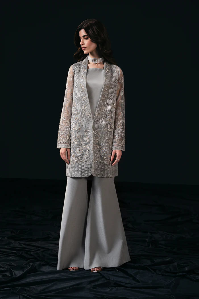 Grey Pakistani Party Open Jacket Dress
