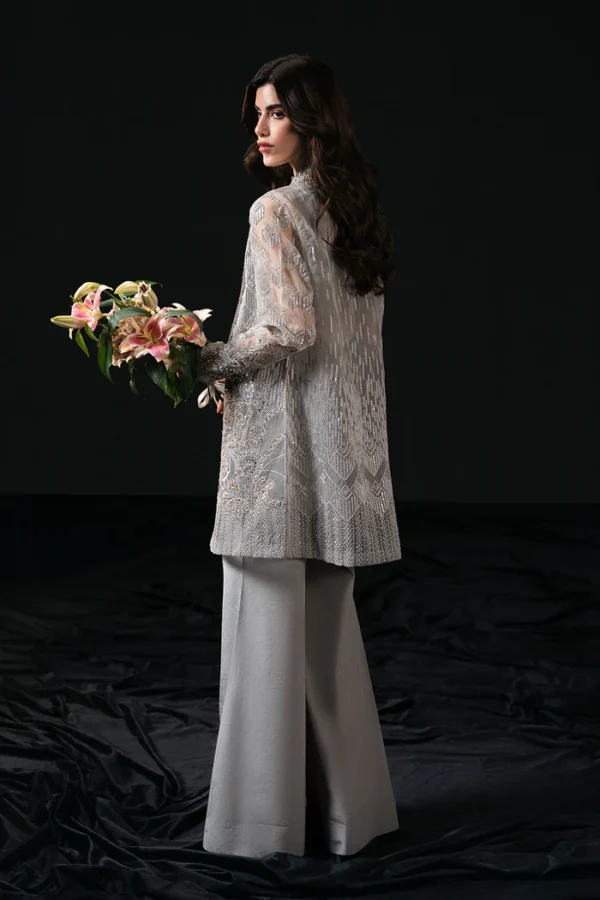 Grey Pakistani Party Open Jacket Dress - Image 2