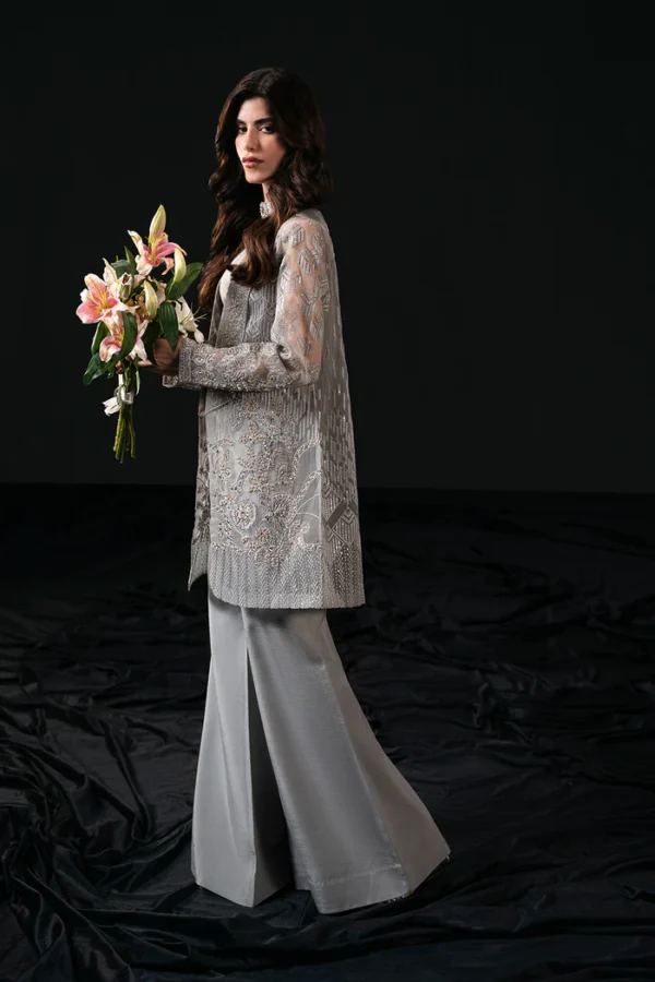 Grey Pakistani Party Open Jacket Dress - Image 4