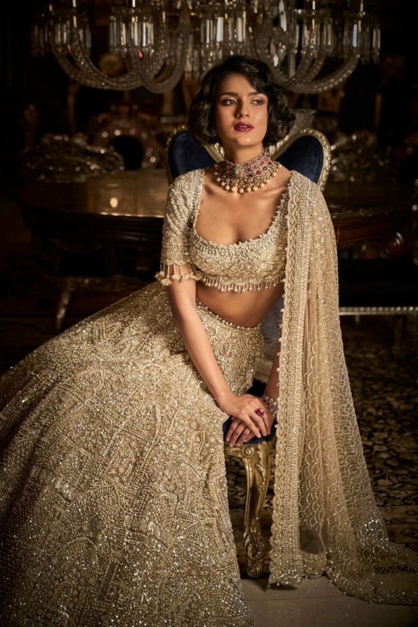 Indian Bridal Champagne Pearl Blouse Lehenga