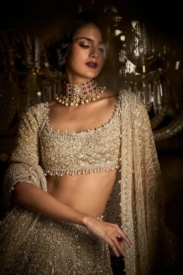 Indian Bridal Champagne Pearl Blouse Lehenga