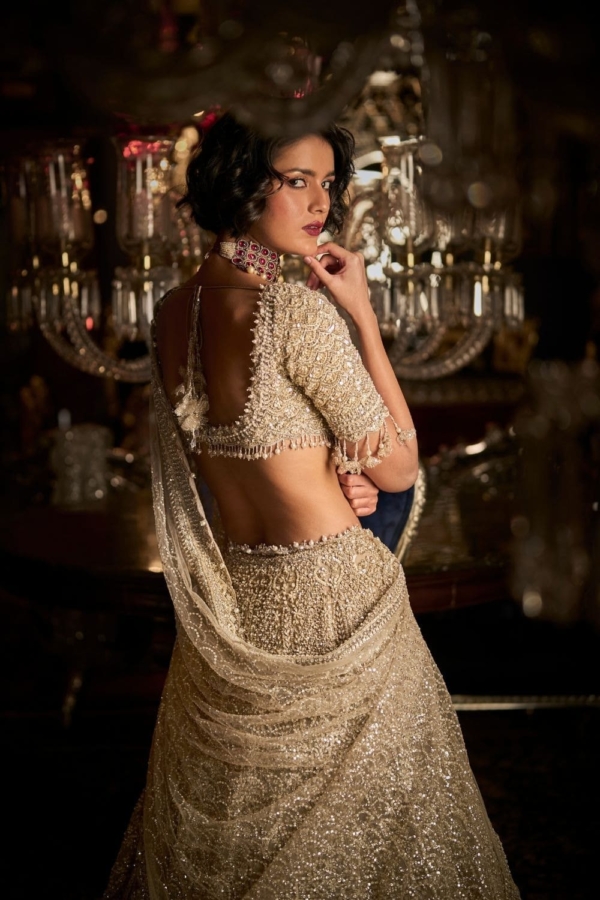 Indian Bridal Champagne Pearl Blouse Lehenga