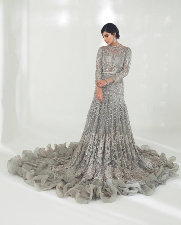 Indian Bridal Embellished Grey Chiffon Gown - Image 5