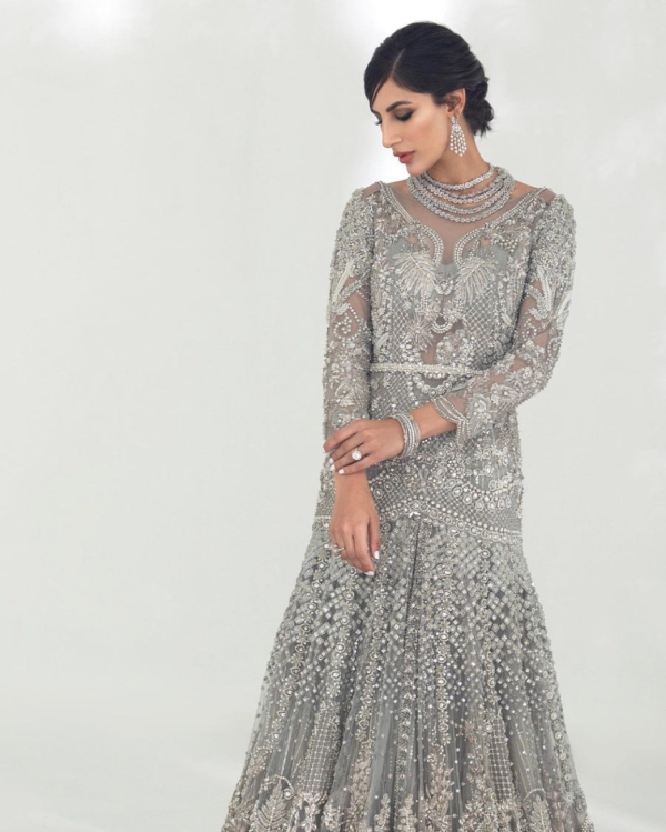 Indian Bridal Embellished Grey Chiffon Gown - Image 3