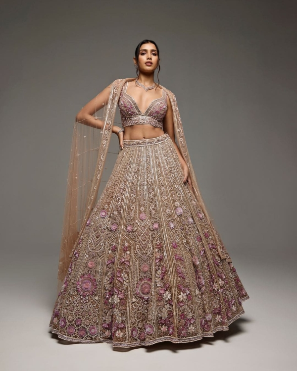 Indian Bridal Mauve Floral Lehenga Choli Wedding Dress - Image 4