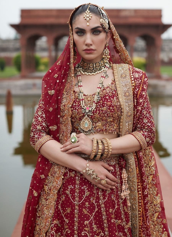 Indian Bridal Red Golden Choli Lehenga Wedding Outfit - Image 3