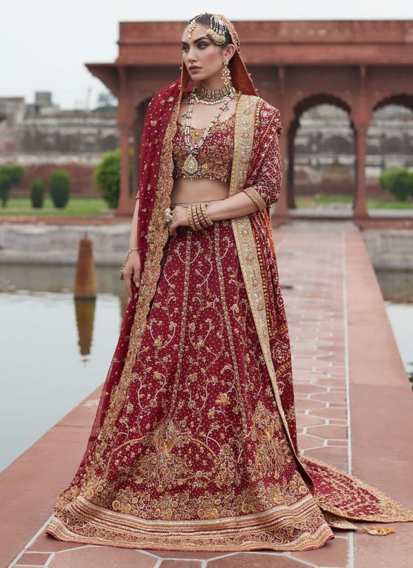 Indian Bridal Red Golden Choli Lehenga Wedding Outfit