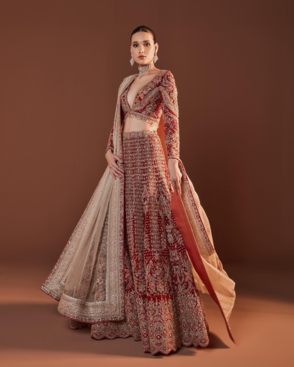 Indian Bridal Red Net Lehenga Choli - Image 3