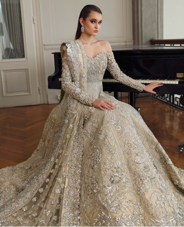 Indian Off-Shoulder Bridal Gown with Dupatta