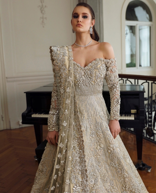 Indian Off-Shoulder Bridal Gown with Dupatta
