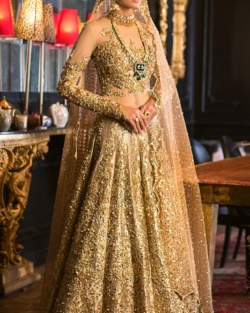 Latest Indian Bridal Golden Pishwas Lehenga